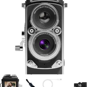 CHUZHAO Vintage Mini Digital Camera, Portable TLR Style Retro Point and Shoot Compact Small Pocket 1080P FHD Video 12MP Autofocus Vlogging Camera with 16 GB Card for Beginners Teens Adults Black