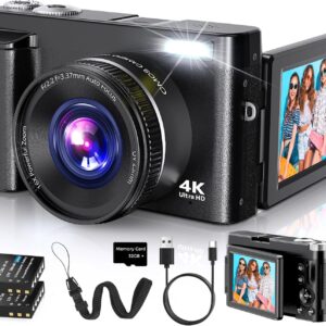 Duluvulu 4K Digital Camera for Photography Autofocus, 2026 Latest 48MP Vlogging Camera for YouTube with SD Card, 2 Batteries, 3" 180°Flip Screen Compact Travel Camera for Teens with 16X Zoom,Black